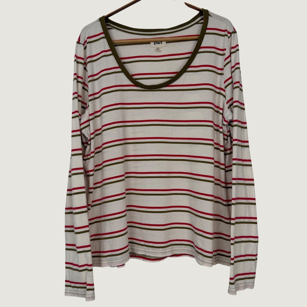 STAINS Pact Organic Cotton Striped Long Sleeve Scoop Neck Tee XL Cream Olive Red